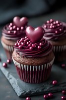 Chocolate cupcakes with burgundy frosting topped with heart decorations and pearl sprinkles on slate board for romantic celebrations and dessert menus.