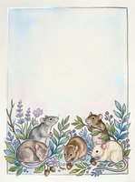 Watercolor frame with cute mice among wildflowers, berries and leaves, soft pastel tones, copy space for text, greeting card or nursery print.