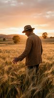 Senior farmer in hat walking through golden wheat field at sunset checking crop quality for harvest season agriculture concept.