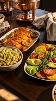Grilled salmon with lemon, pasta salad and fresh vegetables on wooden table with copper chafing dish for catering and buffet service.