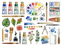 Watercolor paint tubes, artist palette with vibrant colors, brushes, botanical leaves, flowers, ink splashes, drawing tools, compass, and blank canvas arranged on white background for creative projects and artistic design work.