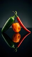 Fresh colorful chili peppers on reflective black surface for culinary cooking spice ingredient food photography kitchen restaurant menu design.