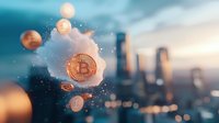 Glowing cryptocurrency coins floating in clouds against blurred urban skyline background with bokeh lights, modern financial technology concept.