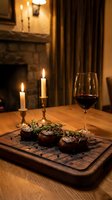 Grilled beef steaks with herbs on wooden board, red wine glass and candles creating romantic dinner atmosphere by fireplace.