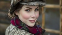 Young woman wearing vintage tweed cap and plaid scarf with soft smile against rustic wooden background, creating nostalgic autumn or winter fashion portrait.