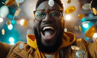 Joyful African American man in glasses and yellow hoodie laughing with falling golden coins and bokeh lights creating celebratory atmosphere of success and wealth.