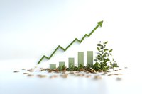 Growing bar chart with upward green arrow trend and small plant sprouting from coins on white surface, representing sustainable financial growth and prosperity.