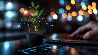 Small plant growing from pot with digital particles and bokeh lights, symbolizing technology growth and digital transformation in business environment.