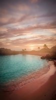 Tropical beach cove at sunset with turquoise waters, pink sand, and palm trees silhouetted against golden sky. Ideal for travel and vacation themes.