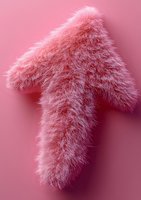 Fluffy pink arrow cursor shape covered in soft fur texture against pink background, creating playful and whimsical design element for digital projects.