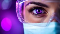 Close-up of medical worker's violet eye with protective goggles and face mask against purple bokeh background, representing healthcare and pandemic protection.