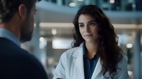 Confident female doctor with long dark hair in white coat consulting with male colleague in modern hospital setting.