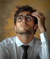 Young businessman with tousled hair and glasses looking up thoughtfully against textured gold wall, conveying contemplation and problem-solving.