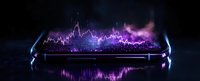 Modern smartphone displaying vibrant purple sound wave visualization with glowing neon effect and reflection on dark surface, futuristic audio technology concept.
