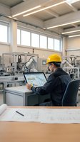 Male engineer wearing yellow hard hat and dark jacket reviews data analytics on laptop in modern factory facility with robotic machinery and natural lighting.