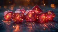 Glowing red translucent polyhedral dice with golden numbers scattered on dark surface against blurred bokeh lights creating magical gaming atmosphere.