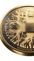 Gold cryptocurrency coin with circuit board design and microchip patterns, isolated on white background for digital currency, blockchain technology, and fintech concepts.
