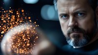 Middle aged caucasian man with gray beard looking intensely at glowing orange sparks and particles against dark background, dramatic lighting creates mysterious atmosphere.