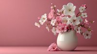 Delicate pink and white cherry blossoms arranged in round white ceramic vase against soft pink background, creating romantic spring atmosphere.