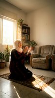 Elderly Muslim woman in white hijab praying on prayer rug in sunlit living room with books and plants creating peaceful spiritual atmosphere.