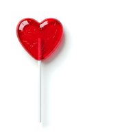 Red heart-shaped lollipop candy on white stick isolated on white background for Valentine's Day treats, romantic gifts and sweet confectionery designs.