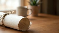 Rolled parchment paper scroll tied with natural twine rope on wooden table surface with blurred coffee mug and plant pot in cozy home interior background.