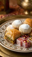 Traditional Middle Eastern sweets and pastries arranged on ornate metal plate with baklava, ma'amoul cookies, Turkish delight and nuts for festive occasions.