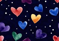 Colorful hearts pattern with white dots on dark blue background. Romantic seamless design featuring red, blue, yellow, green and purple heart shapes for fabric, wrap.