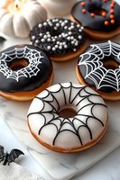 Halloween donuts decorated with black and white spider web designs and sprinkles on marble surface, festive seasonal treats for October celebrations.