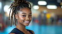 Young African American woman with dreadlocks and bright smile wearing black top against blurred blue background. Natural lighting highlights genuine expression.