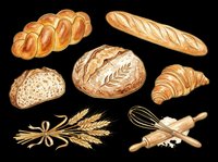 Assorted fresh baked bread loaves, croissants, and baguettes isolated on transparent background. Ready for bakery designs, t-shirt prints, clipart, stickers, and print-on-demand products.
