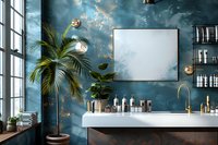 Luxurious bathroom interior with dramatic cloud wallpaper, palm tree, and modern fixtures. Perfect for interior design, home decor, and real estate marketing showcasing contemporary style.