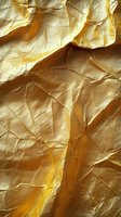 Crumpled golden paper with deep shadows and wrinkles creating abstract textural pattern. Natural lighting emphasizes folds and creases for artistic backgrounds.