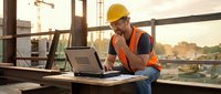 Construction worker in safety gear using laptop at building site during golden hour sunset with cranes in background for project management and planning.