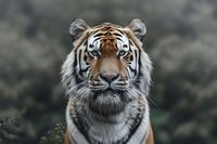 Majestic Bengal tiger portrait showing detailed facial features and intense gaze against dark background, displaying powerful predator characteristics and natural beauty.