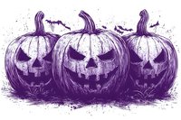 Spooky carved pumpkins with menacing expressions in purple monochrome style, featuring dripping details and textured surfaces against dark background.
