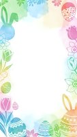 Watercolor Easter frame with bunny ears, decorated eggs, spring flowers and pastel colors on white background for greeting cards and seasonal designs.
