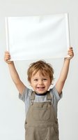 Happy young boy holding blank white sign above head with excited smile wearing striped shirt and overalls for advertising mockup.
