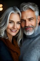 Happy mature couple with silver hair embracing and smiling warmly in cozy sweaters, representing love, aging gracefully, and long-term relationships.