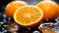 Fresh orange halves with water droplets on dark surface showcasing juicy citrus fruit texture for healthy eating and nutrition concepts.