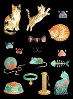 Cute cat clipart set isolated on transparent background, featuring cats, paw prints, fish bones, yarn, toys, and bowls. Great for stickers, T-shirts, and print on demand.