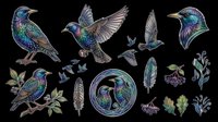 Iridescent starling bird clipart set with feathers, berries, and Celtic medallion, isolated on transparent background. For stickers, t-shirt design, print on demand, sublimation.
