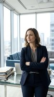 Confident businesswoman in navy suit with crossed arms standing in modern office with city skyline view through floor-to-ceiling windows.