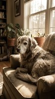 Senior golden retriever dog resting on cozy armchair by sunny window in warm living room with plants and books creating peaceful home atmosphere.