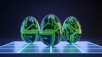 Futuristic digital eggs with glowing green circuit patterns on neon grid surface for technology and innovation concepts.