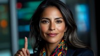 Professional Hispanic businesswoman pointing upward with confident smile in modern office environment for corporate presentations and success concepts.