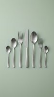 Stainless steel flatware set arranged in a line on sage green background, featuring forks, knives, and spoons for dining and tableware design.