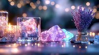Glowing crystals and lavender flowers arranged with glass jars against blurred bokeh lights creating magical atmospheric composition with purple and blue hues.