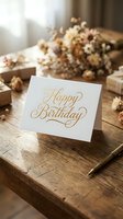 Elegant gold foil Happy Birthday greeting card on rustic wooden table with wrapped gifts and dried flowers for celebration and party planning.