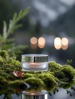 Luxury cosmetic cream jar on natural green moss with bokeh lights reflection. Organic skincare product photography with soft focus and magical forest atmosphere.